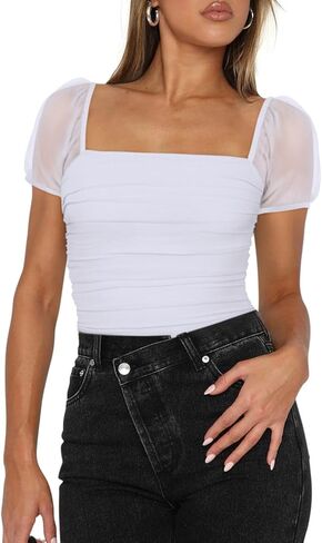 PINKMSTYLE ملابس نسائية ذات رقبة مربعة شبكية وأكمام قصيرة ملابس داخلية مشد علوية مثيرة للحفلات الموسيقية قمصان الحفلات in Kuwait