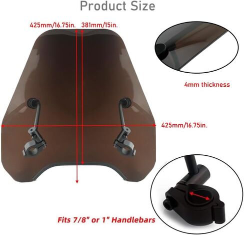 Boldness 15" Clear Motorcycle Windscreen Windshield Compatible with Harley Davidson, Honda, Kawasaki, Suzuki, Triumph, Yamaha - Fits 7/8" or 1" Handlebars in Saudi Arabia