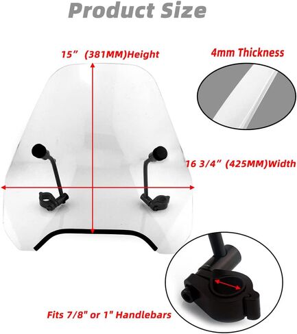 Boldness 15" Clear Motorcycle Windscreen Windshield Compatible with Harley Davidson, Honda, Kawasaki, Suzuki, Triumph, Yamaha - Fits 7/8" or 1" Handlebars in Saudi Arabia
