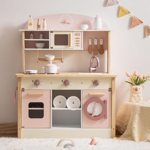 ROBOTIME Wooden Play Kitchen Set, Kids & Toddlers Kitchen Playset with Washing Machine, Toy Kitchen Set for Girls and Boys Ages 3+ (Pink) in Saudi Arabia