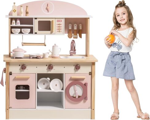 ROBOTIME Wooden Play Kitchen Set, Kids & Toddlers Kitchen Playset with Washing Machine, Toy Kitchen Set for Girls and Boys Ages 3+ (Pink) in Saudi Arabia