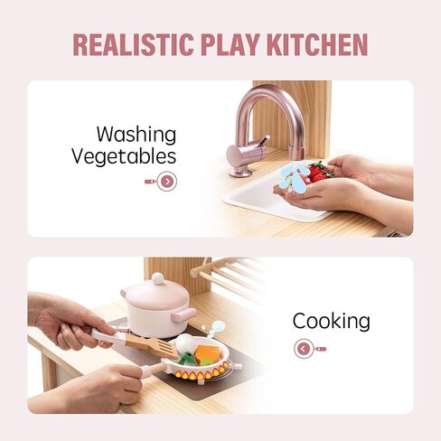 ROBOTIME Wooden Play Kitchen Set, Kids & Toddlers Kitchen Playset with Washing Machine, Toy Kitchen Set for Girls and Boys Ages 3+ (Pink) in Saudi Arabia