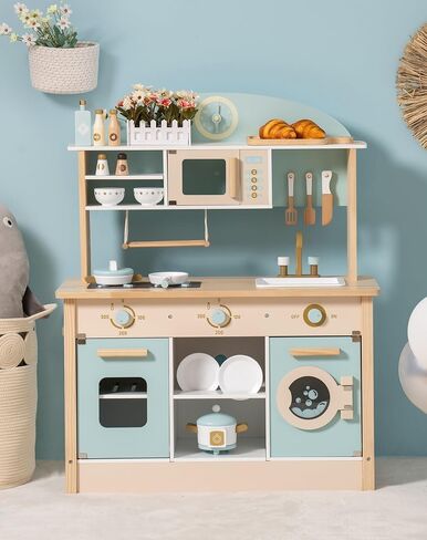 ROBOTIME Wooden Play Kitchen Set, Kids & Toddlers Kitchen Playset with Washing Machine, Toy Kitchen Set for Girls and Boys Ages 3+ (Pink) in Saudi Arabia