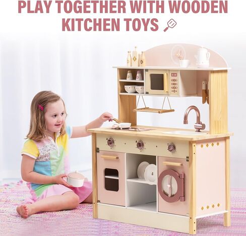 ROBOTIME Wooden Play Kitchen Set, Kids & Toddlers Kitchen Playset with Washing Machine, Toy Kitchen Set for Girls and Boys Ages 3+ (Pink) in Saudi Arabia