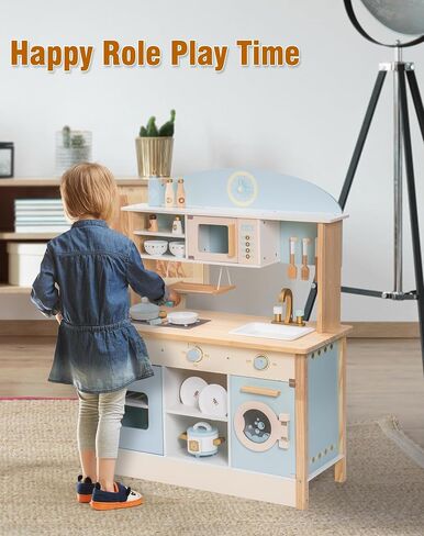 ROBOTIME Wooden Play Kitchen Set, Kids & Toddlers Kitchen Playset with Washing Machine, Toy Kitchen Set for Girls and Boys Ages 3+ (Pink) in Saudi Arabia