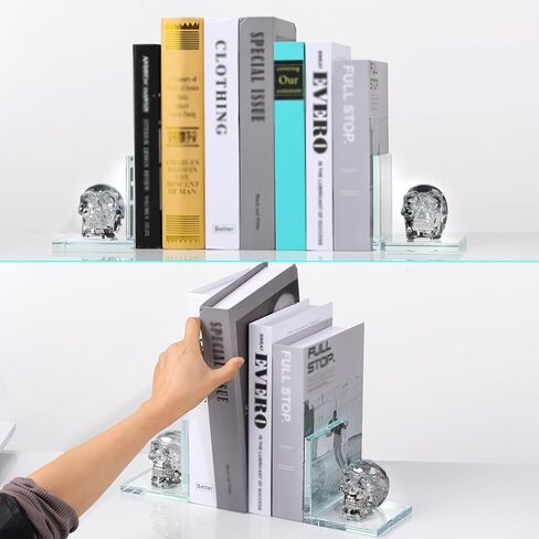 Book Ends for Shelves, Glass Bookends with Plating Multicolor Crystal Skull, Day of The Dead Decor, Non Skid Sturdy Crystal Decorative Bookends for Heavy Books, Office, Set of 2 in Saudi Arabia