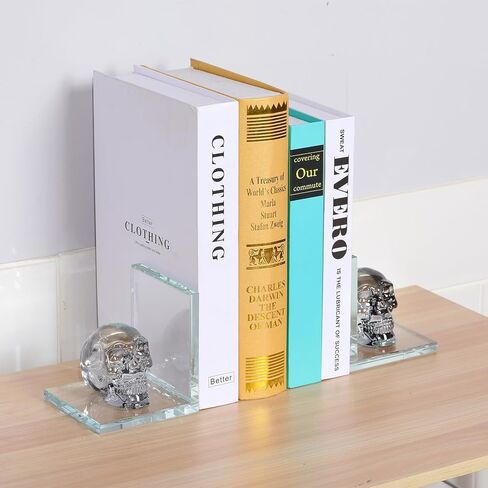 Book Ends for Shelves, Glass Bookends with Plating Multicolor Crystal Skull, Day of The Dead Decor, Non Skid Sturdy Crystal Decorative Bookends for Heavy Books, Office, Set of 2 in Saudi Arabia