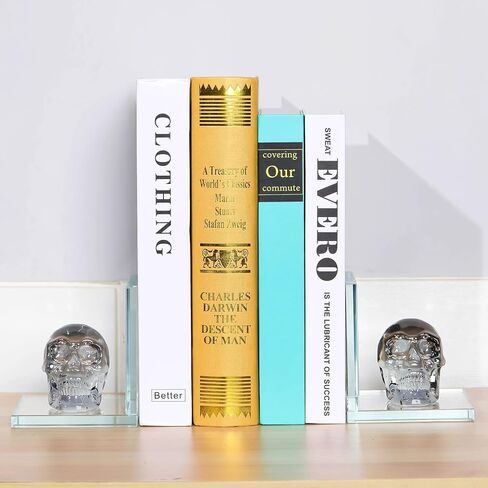 Book Ends for Shelves, Glass Bookends with Plating Multicolor Crystal Skull, Day of The Dead Decor, Non Skid Sturdy Crystal Decorative Bookends for Heavy Books, Office, Set of 2 in Saudi Arabia