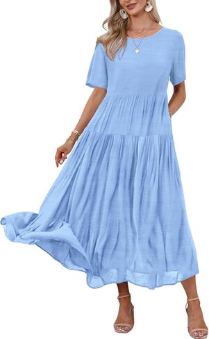 YESNO Women Casual Loose Bohemian Dress with Pockets Short Sleeve Long Maxi Summer Beach Swing Dress (XL EJF Solid C Light Blue) in Kuwait