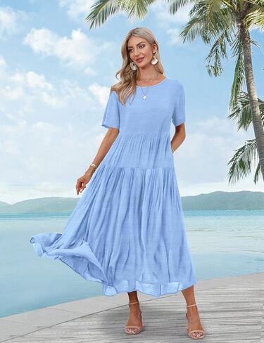 YESNO Women Casual Loose Bohemian Dress with Pockets Short Sleeve Long Maxi Summer Beach Swing Dress (XL EJF Solid C Light Blue) in Kuwait