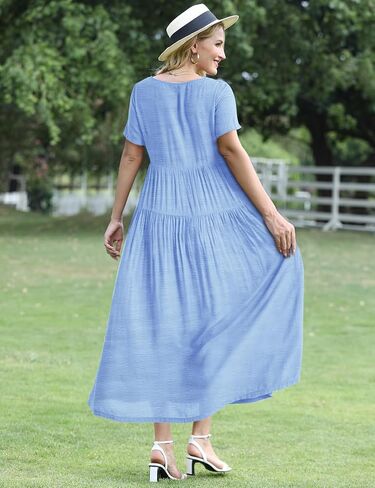 YESNO Women Casual Loose Bohemian Dress with Pockets Short Sleeve Long Maxi Summer Beach Swing Dress (XL EJF Solid C Light Blue) in Kuwait