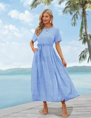 YESNO Women Casual Loose Bohemian Dress with Pockets Short Sleeve Long Maxi Summer Beach Swing Dress (XL EJF Solid C Light Blue) in Kuwait