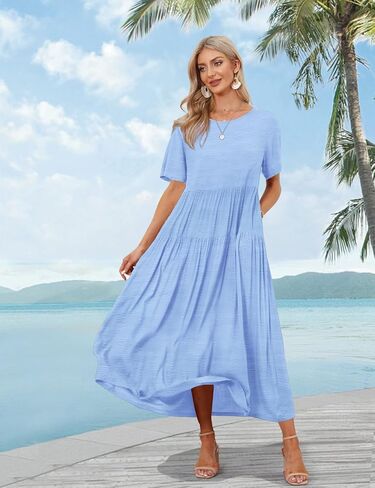 YESNO Women Casual Loose Bohemian Dress with Pockets Short Sleeve Long Maxi Summer Beach Swing Dress (XL EJF Solid C Light Blue) in Kuwait