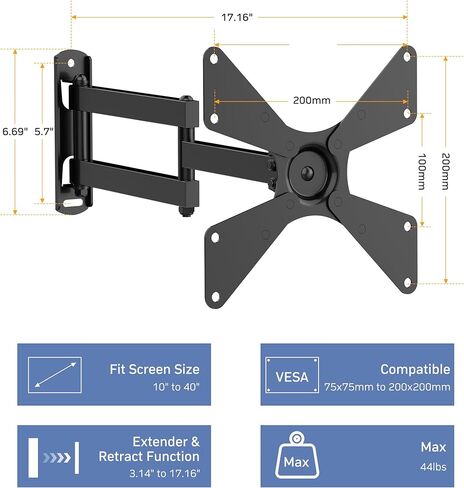حامل جدار تلفزيون كامل الحركة من OKURMOUNT، دعامة أذرع مفصلية بإمالة دوارة، دوران تمديد قابل للتعديل على الحائط للتلفزيون، لمعظم أجهزة التلفاز ذات الشاشات المنحنية المسطحة مقاس 10-42 بوصة، بحد أقصى 200 × 200 مم حتى 44 رطلًا in Kuwait