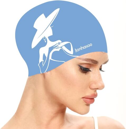 Jonhasoo Silicone Swim Cap for Women, Waterproof Long Hair Swimming Caps with Silhouette Printed in Saudi Arabia