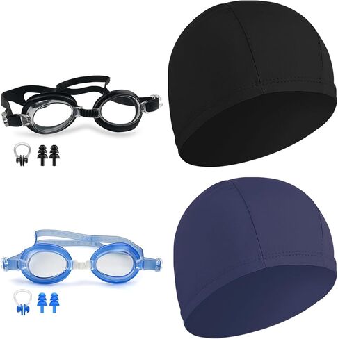 2 Pack Black & Dark Blue Swimming Cap Swimming Goggles for Both Adults & Kids Fabric Durable Non-Waterproof Cloth Swimming Pool Cap No leaking Anti Fog UV Protection Goggles, with Nose Clip, Ear plugs in Kuwait