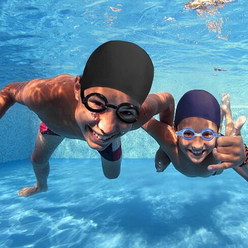 2 Pack Black & Dark Blue Swimming Cap Swimming Goggles for Both Adults & Kids Fabric Durable Non-Waterproof Cloth Swimming Pool Cap No leaking Anti Fog UV Protection Goggles, with Nose Clip, Ear plugs in Kuwait