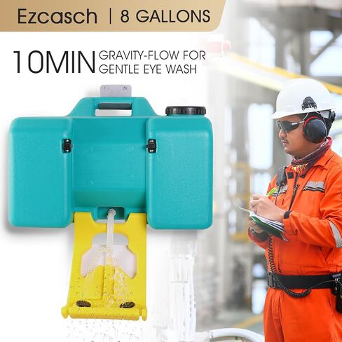 Ezcasch 2 عبوة من محطة غسيل العين المحمولة سعة 8 جالون معتمدة من إدارة السلامة والصحة المهنية (OSHA) مع علامة محطة واحدة وعلامتي فحص، تدفق الجاذبية المثبت على الحائط في الداخل والخارج، in Kuwait