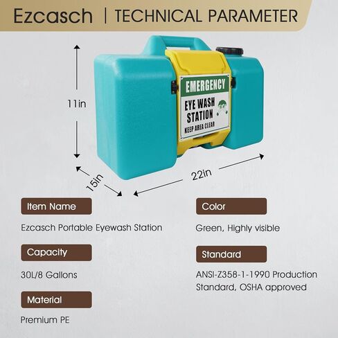Ezcasch 2 عبوة من محطة غسيل العين المحمولة سعة 8 جالون معتمدة من إدارة السلامة والصحة المهنية (OSHA) مع علامة محطة واحدة وعلامتي فحص، تدفق الجاذبية المثبت على الحائط في الداخل والخارج، in Kuwait