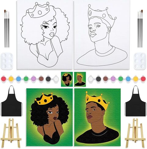 VOCHIC 2PCS Paint and Sip Kit with Easels Aprons, Pre Drawn Canvas Painting for Adults Afro Girl Boy Couple Painting Kit Date Night Game, Acrylic Colors Brushes Pallets Valentine's Day(8x10) in Saudi Arabia