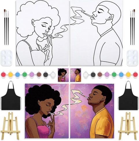 VOCHIC 2PCS Paint and Sip Kit with Easels Aprons, Pre Drawn Canvas Painting for Adults Afro Girl Boy Couple Painting Kit Date Night Game, Acrylic Colors Brushes Pallets Valentine's Day(8x10) in Saudi Arabia
