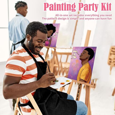 VOCHIC 2PCS Paint and Sip Kit with Easels Aprons, Pre Drawn Canvas Painting for Adults Afro Girl Boy Couple Painting Kit Date Night Game, Acrylic Colors Brushes Pallets Valentine's Day(8x10) in Saudi Arabia