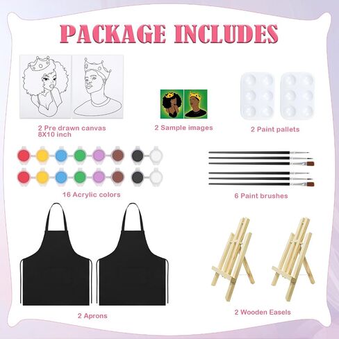 VOCHIC 2PCS Paint and Sip Kit with Easels Aprons, Pre Drawn Canvas Painting for Adults Afro Girl Boy Couple Painting Kit Date Night Game, Acrylic Colors Brushes Pallets Valentine's Day(8x10) in Saudi Arabia