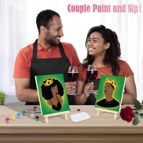 VOCHIC 2PCS Paint and Sip Kit with Easels Aprons, Pre Drawn Canvas Painting for Adults Afro Girl Boy Couple Painting Kit Date Night Game, Acrylic Colors Brushes Pallets Valentine's Day(8x10) in Saudi Arabia