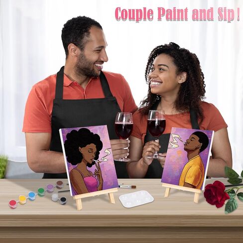 VOCHIC 2PCS Paint and Sip Kit with Easels Aprons, Pre Drawn Canvas Painting for Adults Afro Girl Boy Couple Painting Kit Date Night Game, Acrylic Colors Brushes Pallets Valentine's Day(8x10) in Saudi Arabia