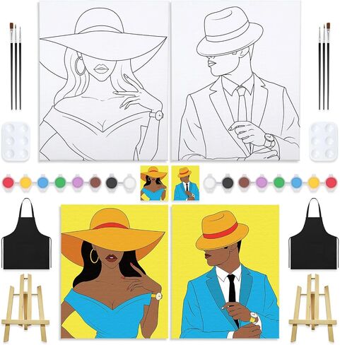 VOCHIC 2PCS Paint and Sip Kit with Easels Aprons, Pre Drawn Canvas Painting for Adults Afro Girl Boy Couple Painting Kit Date Night Game, Acrylic Colors Brushes Pallets Valentine's Day(8x10) in Saudi Arabia