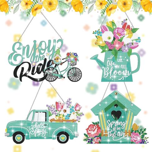 4 PCS Hello Spring Diamond Art Kits Spring Diamond Art Hanging Sign Easter Hanging Truck Shower Head DIY Diamond Art Kits Spring Ornaments Hanging Sign for Adults Beginners DIY Home (Spring) in Saudi Arabia