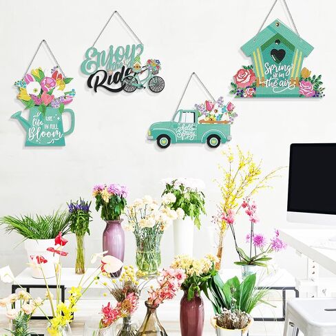 4 PCS Hello Spring Diamond Art Kits Spring Diamond Art Hanging Sign Easter Hanging Truck Shower Head DIY Diamond Art Kits Spring Ornaments Hanging Sign for Adults Beginners DIY Home (Spring) in Saudi Arabia