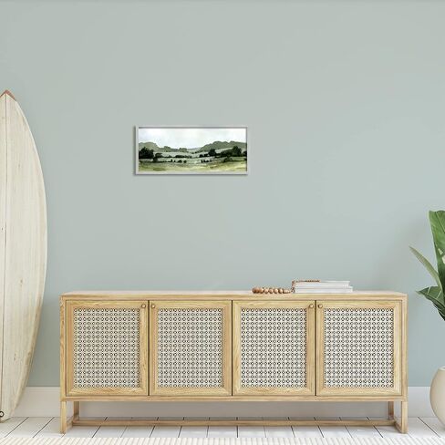 Stupell Industries Distant Rolling Hills Rural Grasslands ذات المناظر الطبيعية الخلابة، لوحة فنية جدارية مؤطرة، تصميم بواسطة Emma Caroline، 10 × 24، مؤطرة باللون الأسود in Kuwait