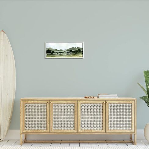Stupell Industries Distant Rolling Hills Rural Grasslands ذات المناظر الطبيعية الخلابة، لوحة فنية جدارية مؤطرة، تصميم بواسطة Emma Caroline، 10 × 24، مؤطرة باللون الأسود in Kuwait