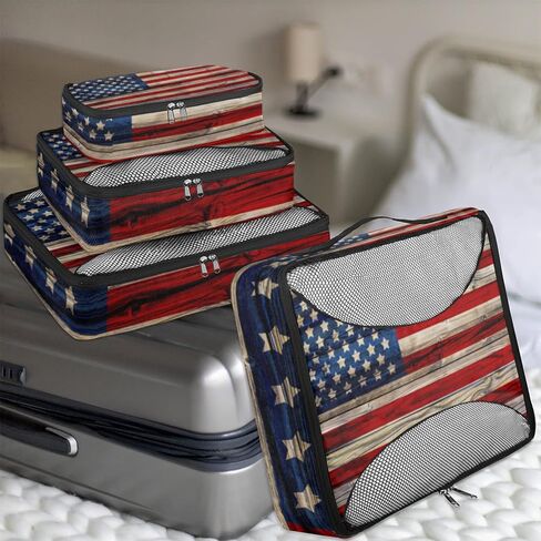 العلم الأمريكي القديم المطلي 4 مجموعة مكعبات التعبئة أكياس منظم لخزانة الملابس أو حقيبة تخزين الملابس حقيبة للمنزل أو السفر in Kuwait