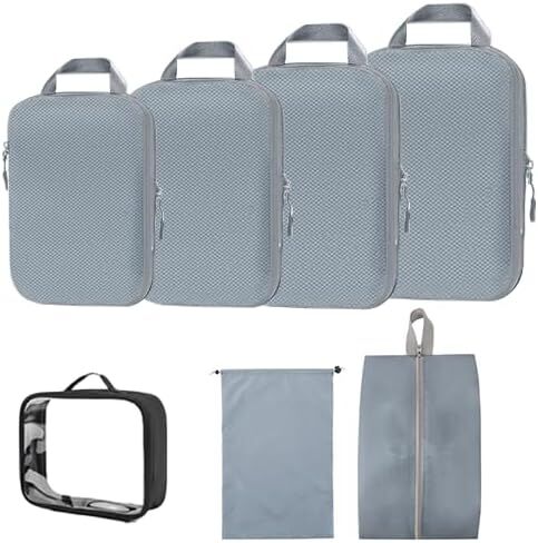 Travel Compression Packing Cubes for Carry on Suitcases, Lightweight 7 Set Travel Bags Organizer for luggage with Shoe Bag, Laundry Bag, Clear Toiletry bag for women men Grey in Saudi Arabia