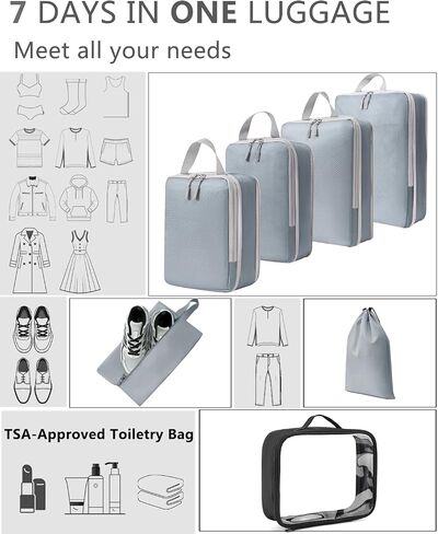 Travel Compression Packing Cubes for Carry on Suitcases, Lightweight 7 Set Travel Bags Organizer for luggage with Shoe Bag, Laundry Bag, Clear Toiletry bag for women men Grey in Saudi Arabia