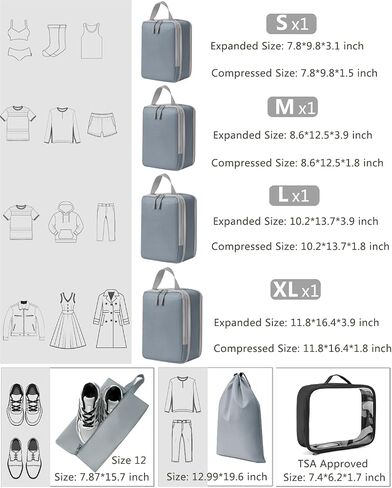 Travel Compression Packing Cubes for Carry on Suitcases, Lightweight 7 Set Travel Bags Organizer for luggage with Shoe Bag, Laundry Bag, Clear Toiletry bag for women men Grey in Saudi Arabia