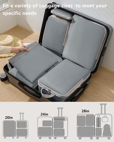 Travel Compression Packing Cubes for Carry on Suitcases, Lightweight 7 Set Travel Bags Organizer for luggage with Shoe Bag, Laundry Bag, Clear Toiletry bag for women men Grey in Saudi Arabia