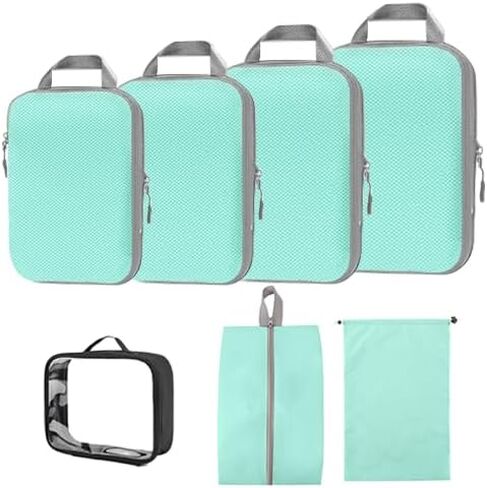 Travel Compression Packing Cubes for Carry on Suitcases, Lightweight 7 Set Travel Bags Organizer for luggage with Shoe Bag, Laundry Bag, Clear Toiletry bag for women men Grey in Saudi Arabia