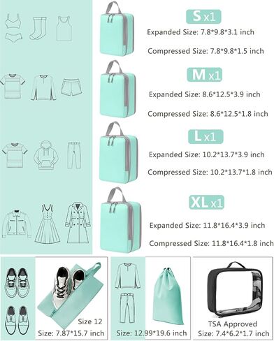 Travel Compression Packing Cubes for Carry on Suitcases, Lightweight 7 Set Travel Bags Organizer for luggage with Shoe Bag, Laundry Bag, Clear Toiletry bag for women men Grey in Saudi Arabia