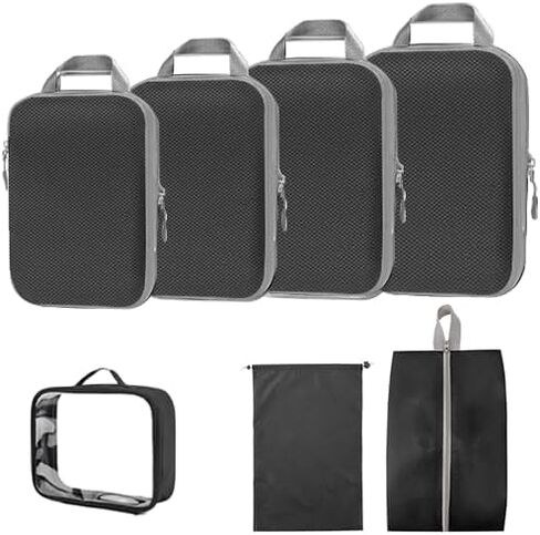 Travel Compression Packing Cubes for Carry on Suitcases, Lightweight 7 Set Travel Bags Organizer for luggage with Shoe Bag, Laundry Bag, Clear Toiletry bag for women men Grey in Saudi Arabia