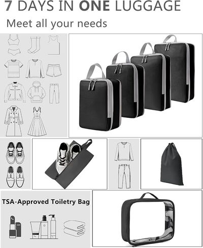 Travel Compression Packing Cubes for Carry on Suitcases, Lightweight 7 Set Travel Bags Organizer for luggage with Shoe Bag, Laundry Bag, Clear Toiletry bag for women men Grey in Saudi Arabia