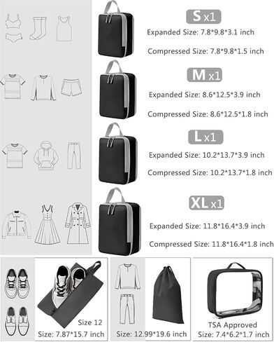 Travel Compression Packing Cubes for Carry on Suitcases, Lightweight 7 Set Travel Bags Organizer for luggage with Shoe Bag, Laundry Bag, Clear Toiletry bag for women men Grey in Saudi Arabia