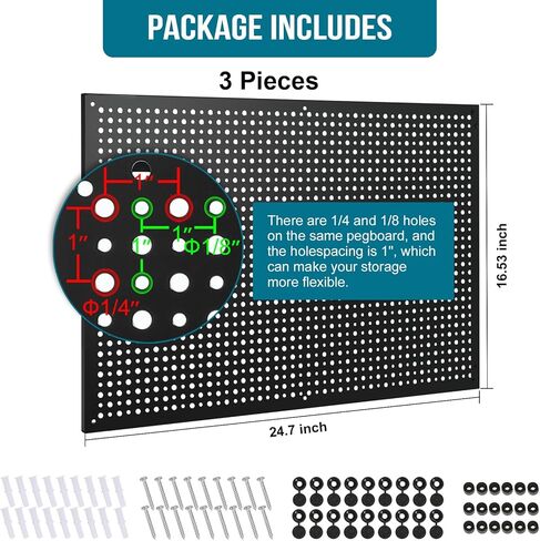 Daanxw Pegboard Rack Garage Storage,Steel Pegboard Heavy Duty- 3 Pack 16-Inch X 24-Inch Metal Peg Board Tool Organization Panels (Black) in Kuwait