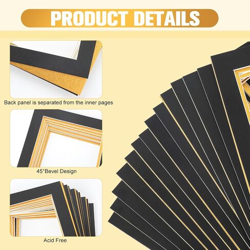 12 Pack Picture Matting 8x8 for 4x4 Photo Picture mats Bevel Cut Frame Mattes Black Over Gold Photography Matting Double Picture Matting Acid Free Double Mats for Frames in Saudi Arabia