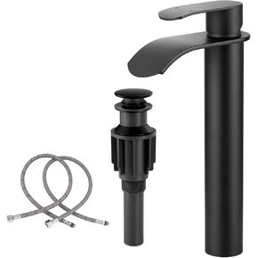 Vessel Sink Faucet Gold for Bathroom：WOWOW Single Handle Tall Bathroom Faucet - Waterfall Single Hole Mixer Bar Tap with Large Rectangular Spout, Deck Mount Lavatory Vanity with Pop Up Drain in Kuwait