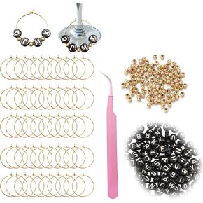 Wine Glass Charms 50 Set Personalized Rings 500 Letters Beads 100 Golden Beads 50 Tone Hoops 1 Tweezer Wine Glass Markers in Saudi Arabia