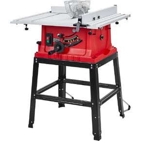 Table Saw, 10 Inch 15A Multifunctional Saw With Stand & Push Stick, 90° Cross Cut & 0-45° Bevel Cut, 5000RPM, Adjustable Blade Height for Woodworking, Red in Kuwait