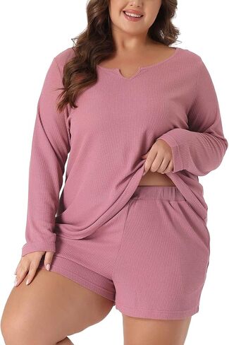 Agnes Orinda Plus Size Pajamas Set for Women Waffle Knit Lounge Set Long Sleeve 2 Piece Outfits Loungewear with Pockets in Saudi Arabia